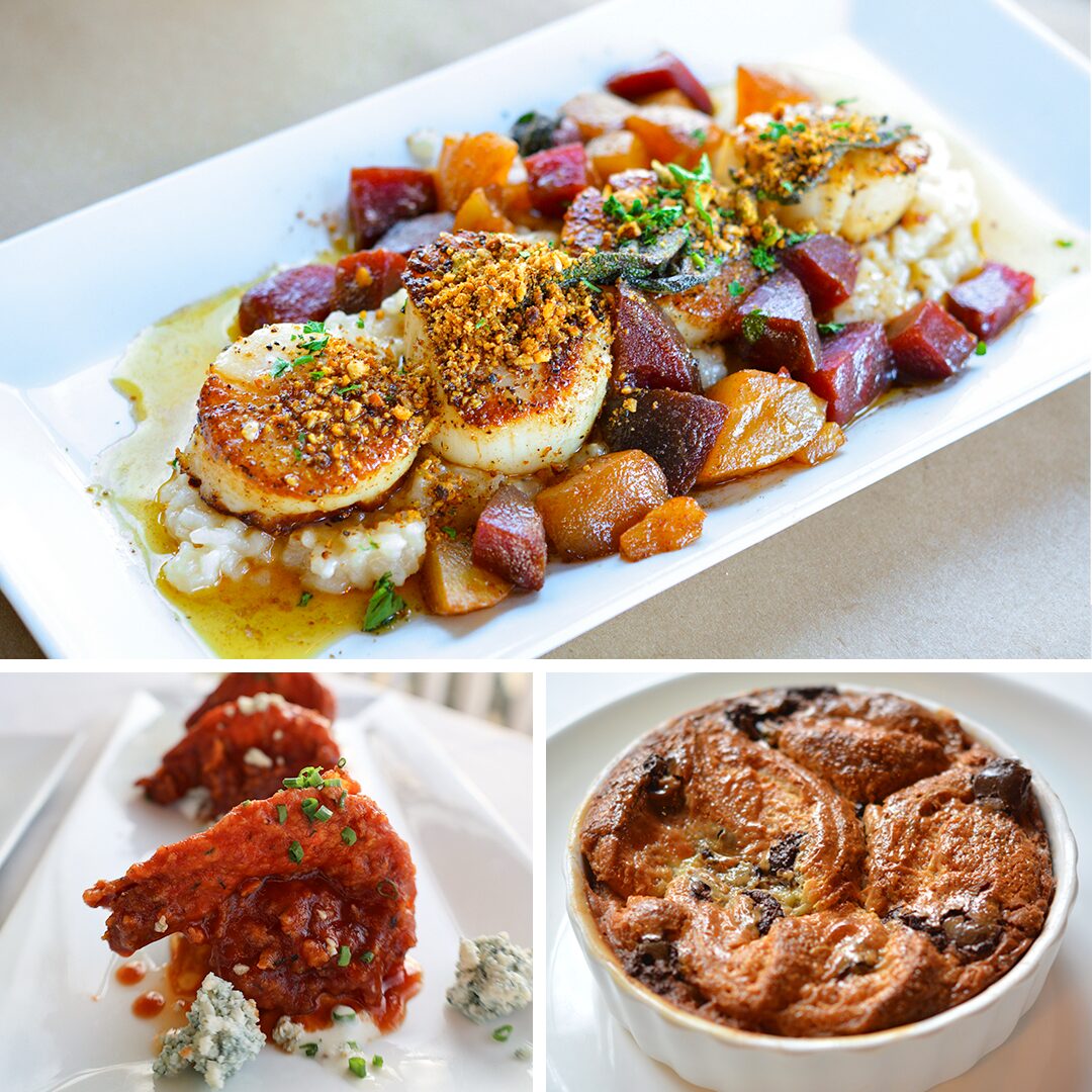 Seared Diver Scallops, Jumbo Buffalo Shrimp, Chocolate Almond Croissant Bread Pudding
